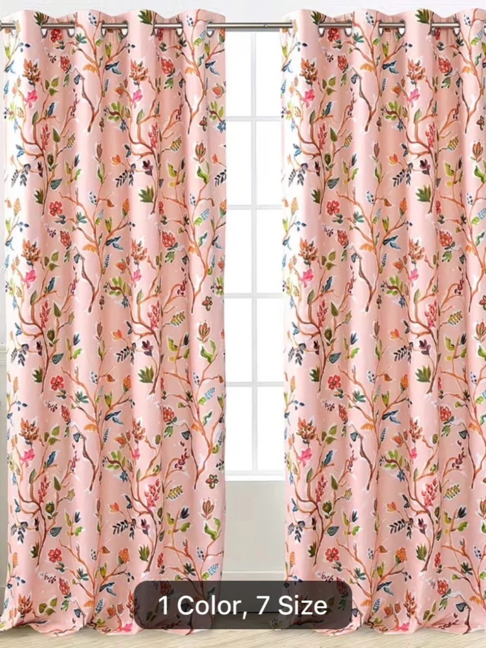 Floral Pink Grommet Curtains - Bird & Branch Watercolor Print